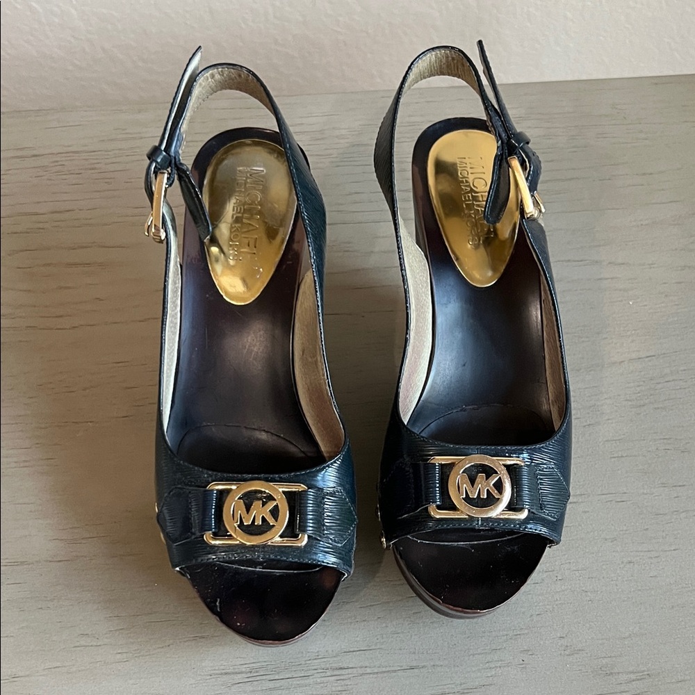Michael Kors Black Slingback Heels with Gold Accent